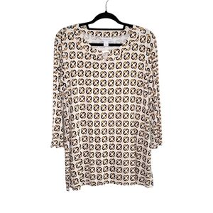 Liz Claiborne Women's Geometric Print Stretch Tunic Top Size L Cream Gold Black